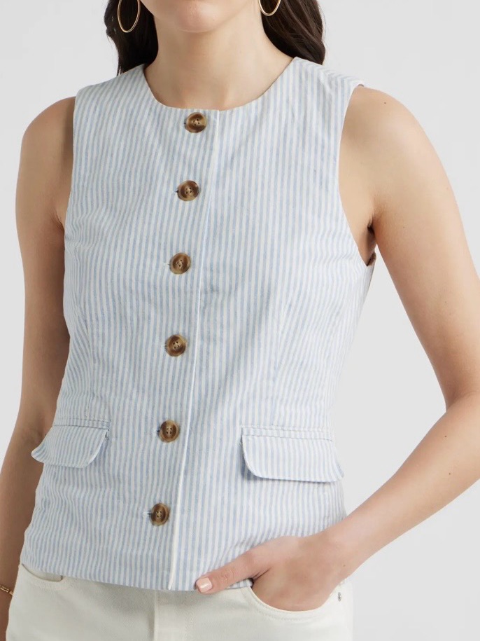 Caslon Front Button Blue & White Pinstriped Vest In Large Nwt!